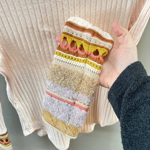 Free People LG Ribbed Knit Long Sleeve Sweater With Mixed‎ Media Cuff - Picture 2 of 6